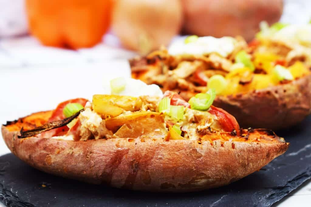 Creamy Cajun Stuffed Sweet Potato Skins - Stuffed Sweet Potato Skins - Cajun - Peppers - Baked - Sweet Potatoes - Recipe - Slimming World - Syn Free - Healthy Extra A 